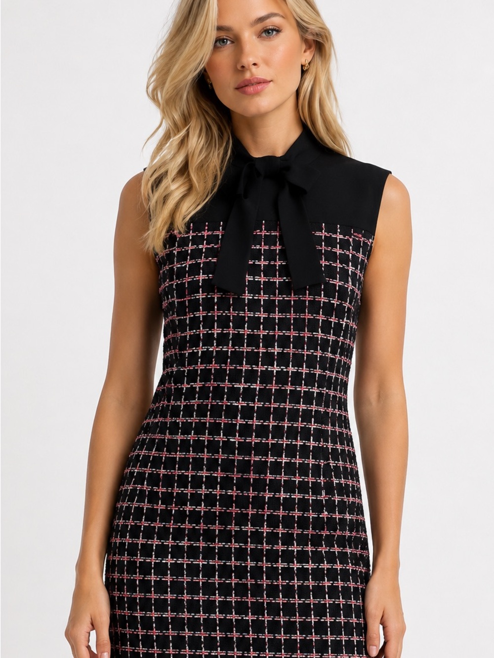 St John Women's Bow-Embellished Tweed Mini Dress in Black/haute Red/pearl Multi